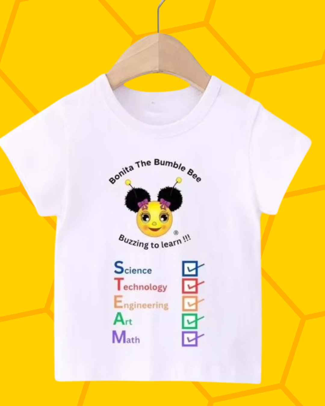 Bonita The Bumble Bee's Children's Screen Print S.T.E.A.M. T-Shirt in white